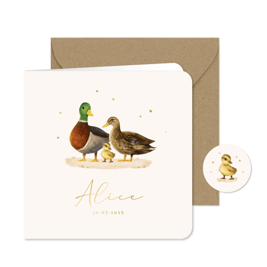 Geboortekaartje eenden papa mama kindje hartjes goud - Kaartimpressie