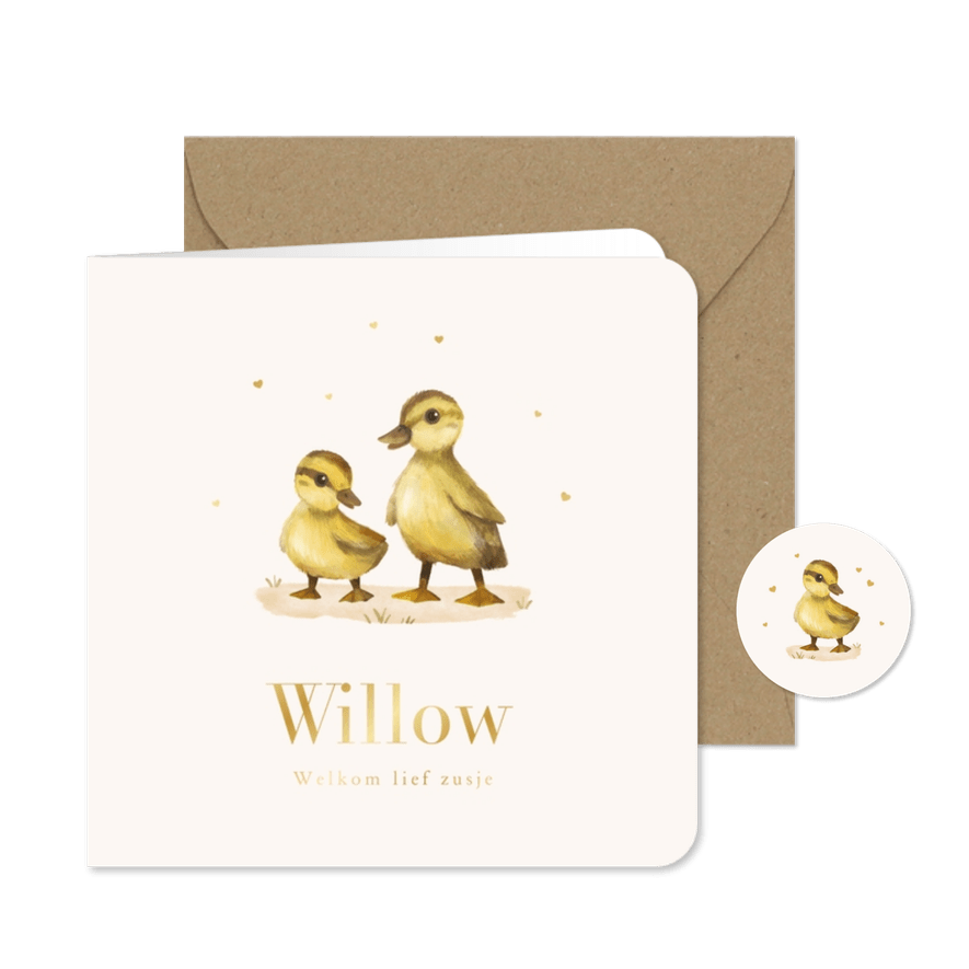 Geboortekaartje eendjes schattig broertje zusje hartjes - Kaartimpressie