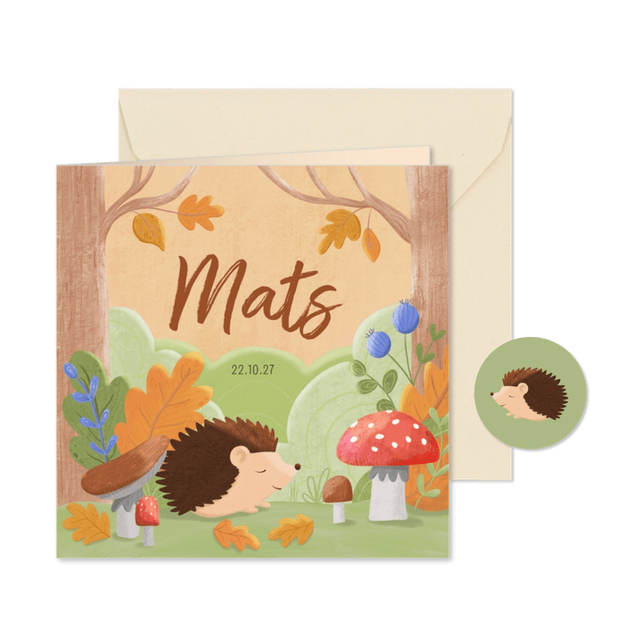 Geboortekaartje egel paddenstoelen en bladeren in het bos - Kaartimpressie