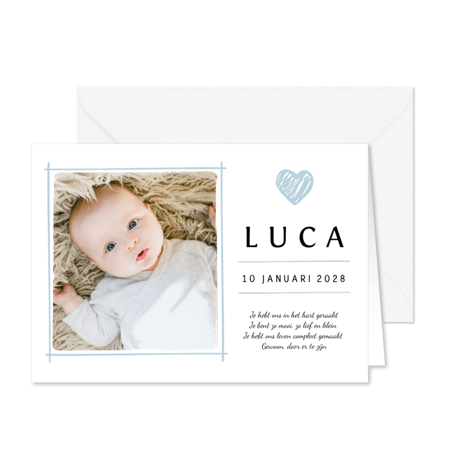 Geboortekaartje eigen babyfoto en blauw details - Kaartimpressie