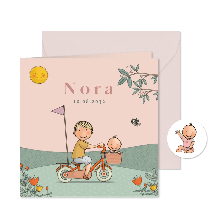 Geboortekaartje fiets bakje broer met zusje - Kaartimpressie
