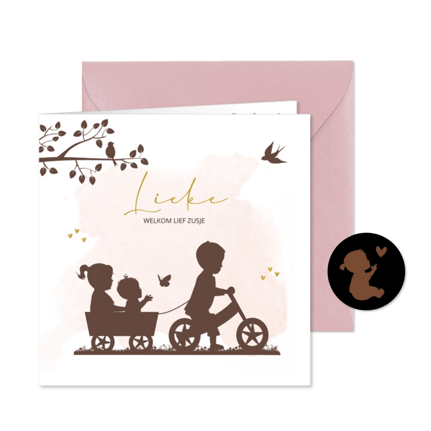 Geboortekaartje fietsje met kar en broer zus en baby meisje - Kaartimpressie