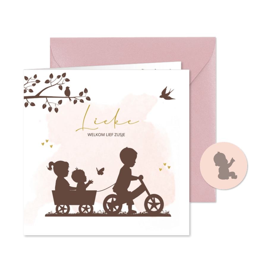 Geboortekaartje fietsje met kar en broer zus en baby meisje - Kaartimpressie