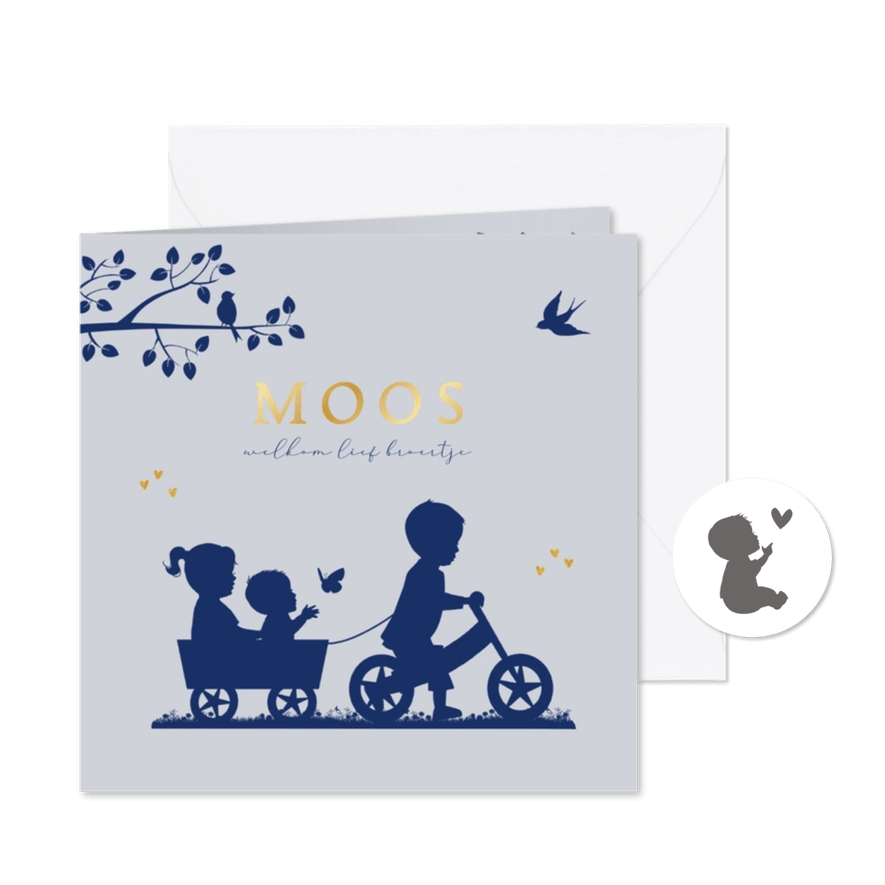 Geboortekaartje fietsje met kar en broertje zusje en baby - Kaartimpressie