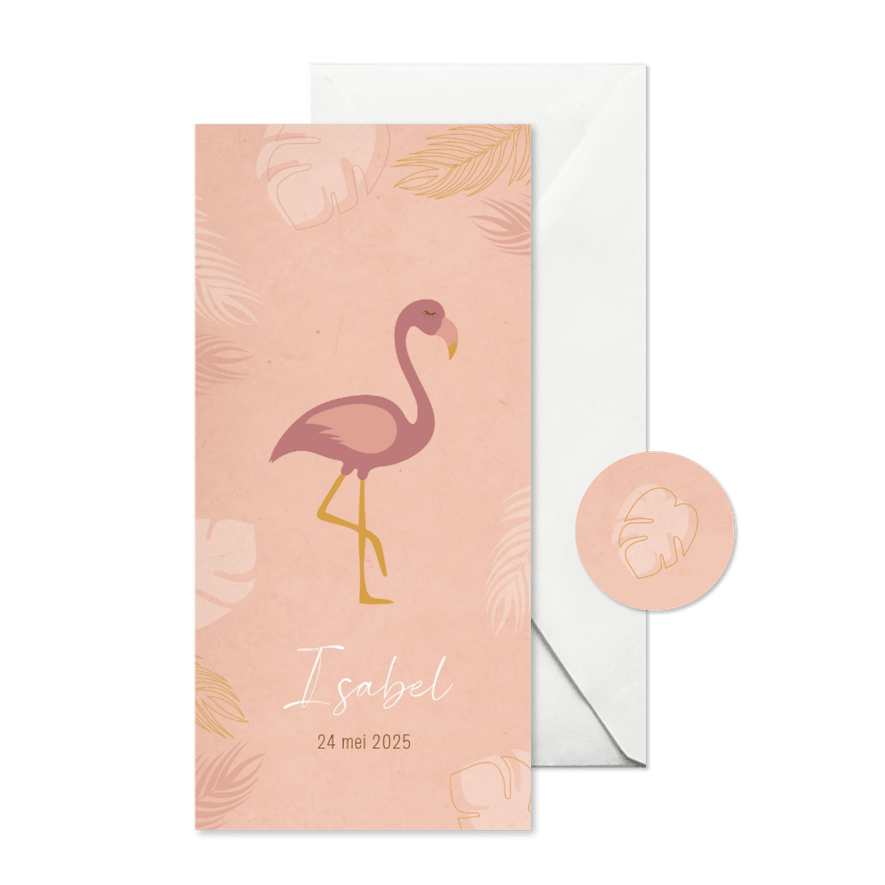 Geboortekaartje flamingo en bladeren - Kaartimpressie