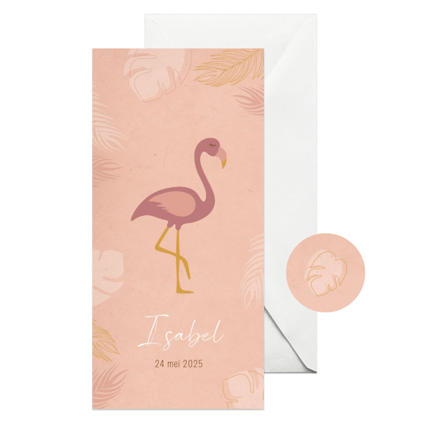 Geboortekaartje flamingo en bladeren - Kaartimpressie