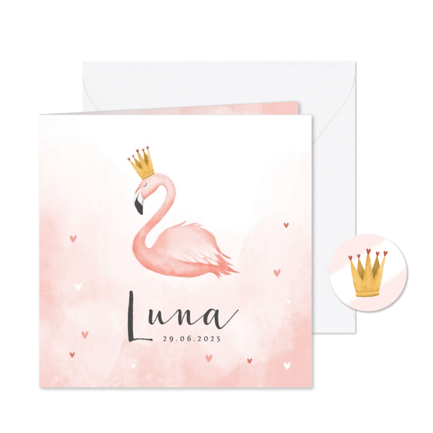 Geboortekaartje flamingo hartjes meisje verf kroontje - Kaartimpressie