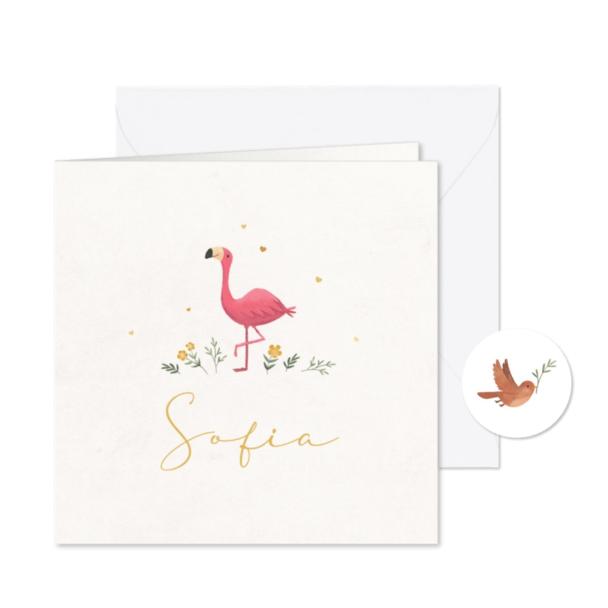 Geboortekaartje flamingo minimalistisch hartjes goud bloemen - Kaartimpressie