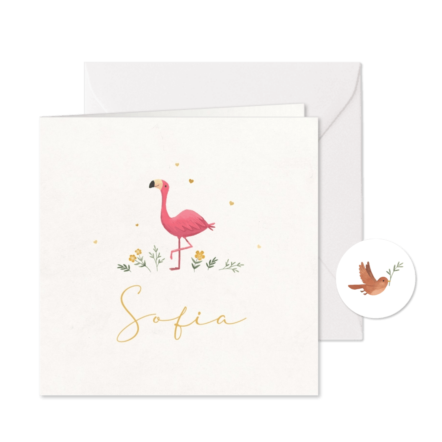 Geboortekaartje flamingo minimalistisch hartjes goud bloemen - Kaartimpressie