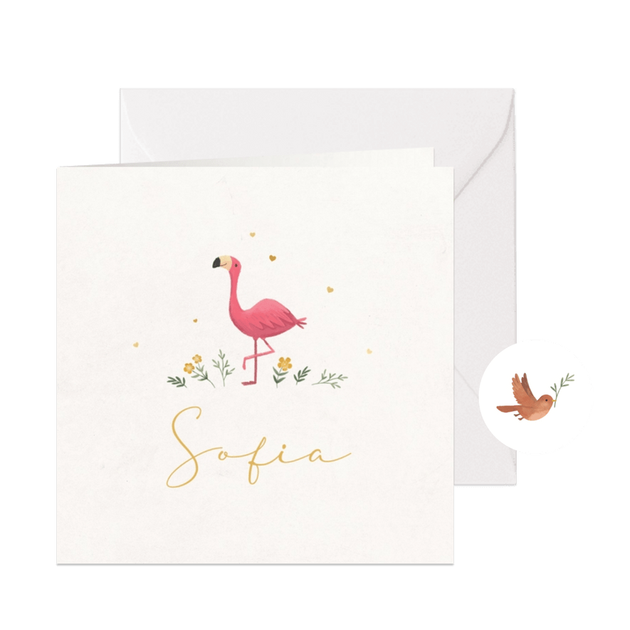 Geboortekaartje flamingo minimalistisch hartjes goud bloemen - Kaartimpressie