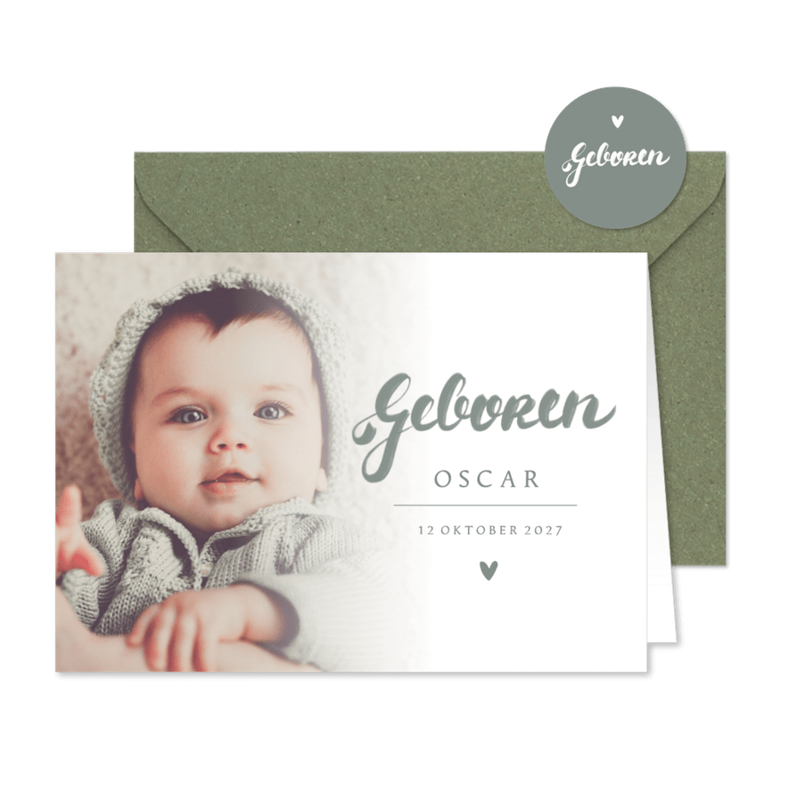 Geboortekaartje foto en handlettering grijsgroen - Kaartimpressie