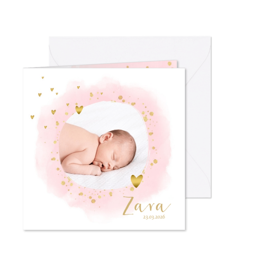 Geboortekaartje foto hartjes waterverf - Kaartimpressie