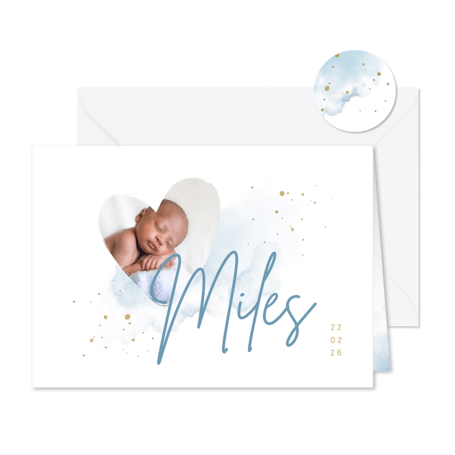 Geboortekaartje foto in hart blauwe aquarel en grote naam - Kaartimpressie