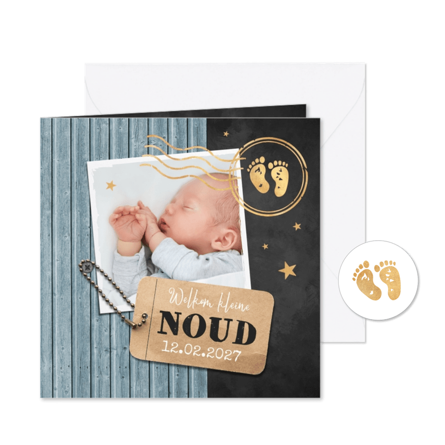Geboortekaartje foto label houtlook stempel goud - Kaartimpressie