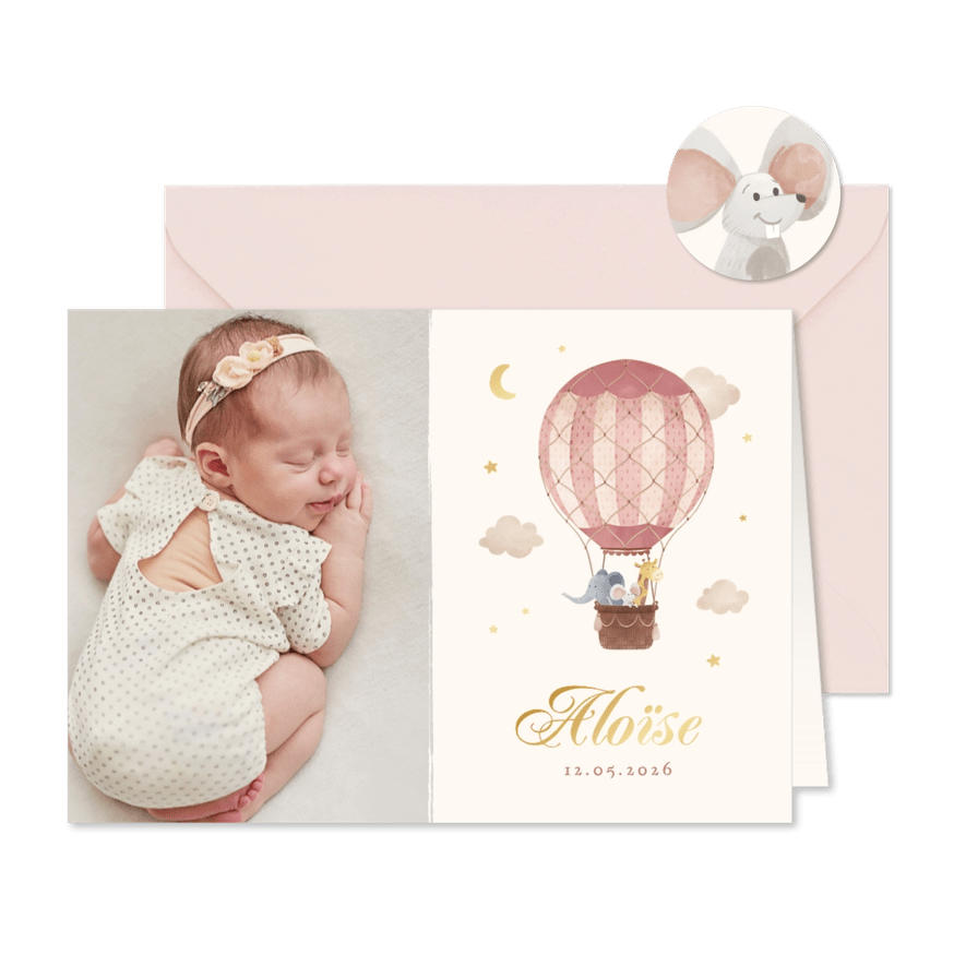 Geboortekaartje foto roze dieren luchtballon vintage sterren - Kaartimpressie