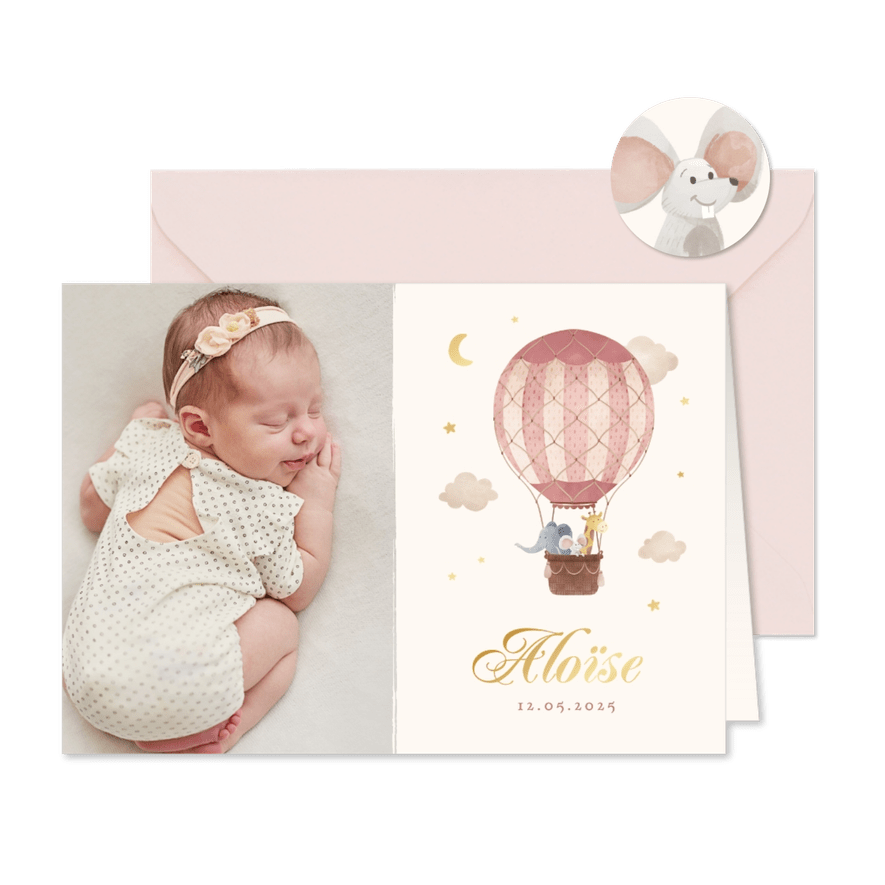 Geboortekaartje foto roze dieren luchtballon vintage sterren - Kaartimpressie