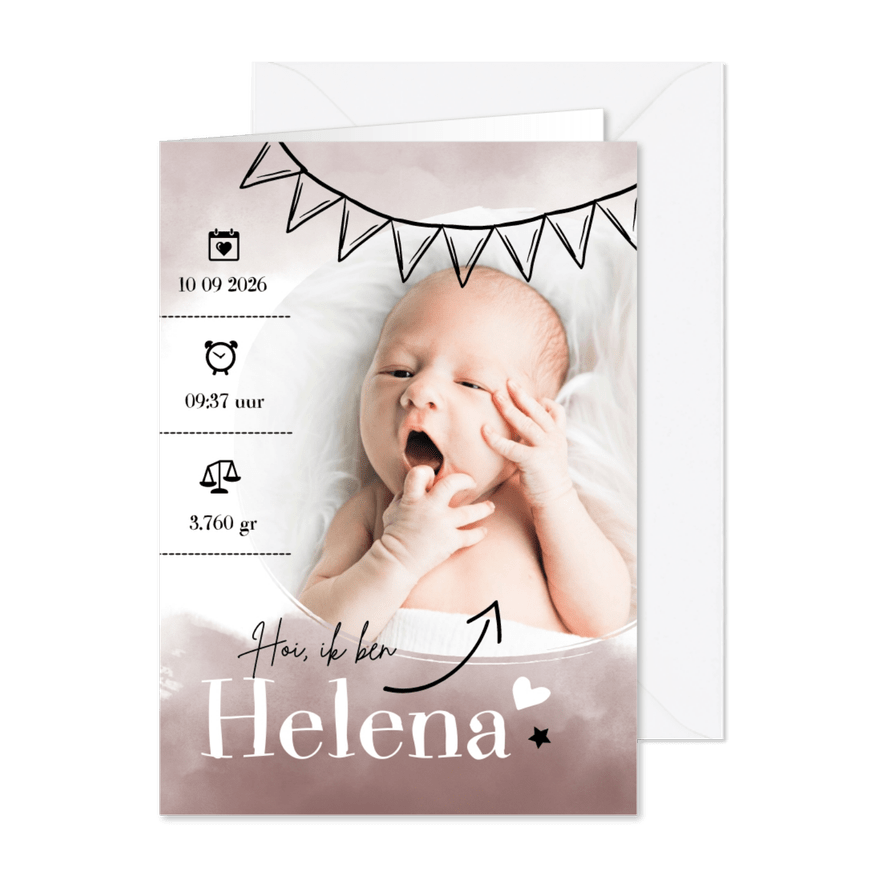 Geboortekaartje foto roze waterverf & slinger - Kaartimpressie