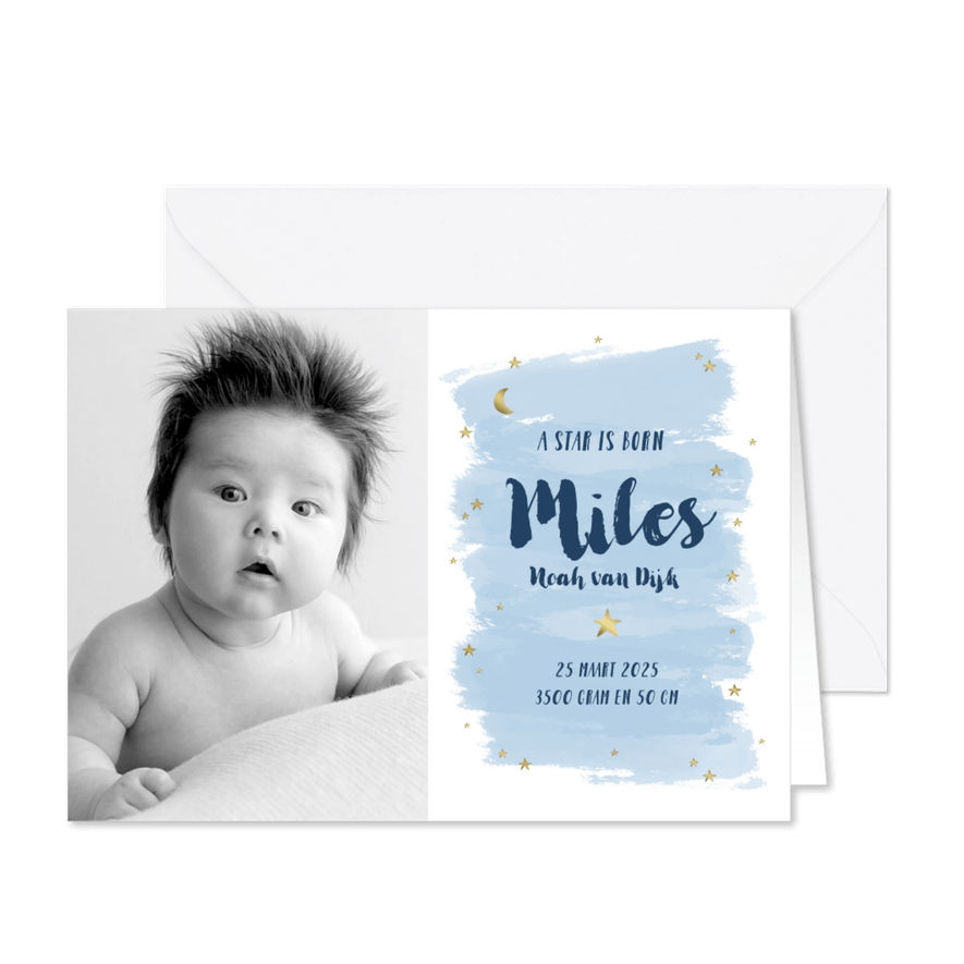 Geboortekaartje foto sterren maan hip waterverf - Kaartimpressie