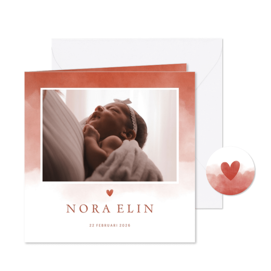 Geboortekaartje foto terra roze waterverf met hartje - Kaartimpressie