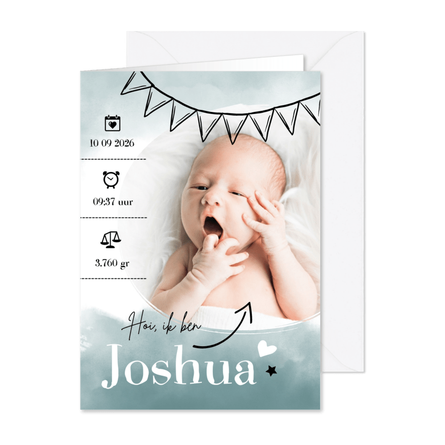 Geboortekaartje foto turquoise waterverf & slinger - Kaartimpressie