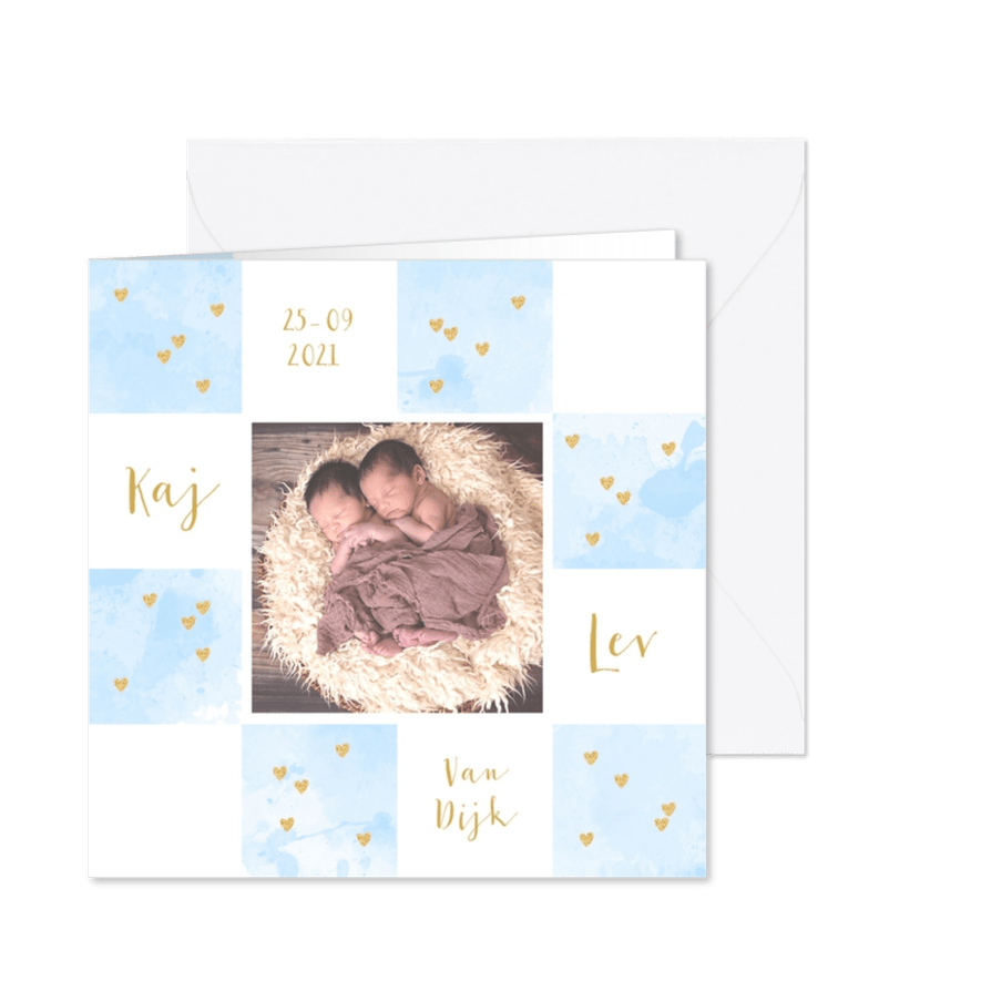 Geboortekaartje foto tweeling aquarel hartjes lichtblauw - Kaartimpressie
