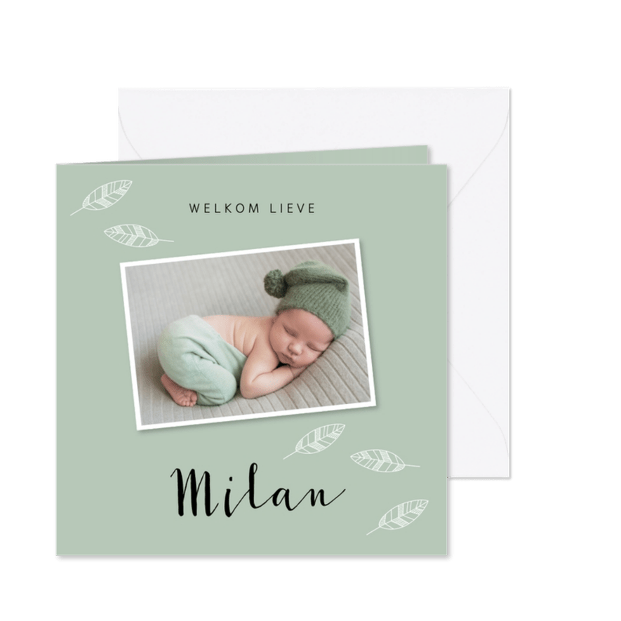 Geboortekaartje foto veertjes mintgroen vierkant - Kaartimpressie