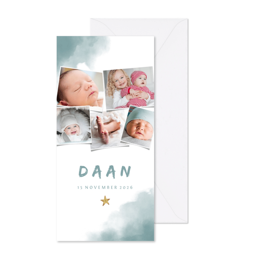 Geboortekaartje fotocollage blauwe waterverf 5 foto's - Kaartimpressie