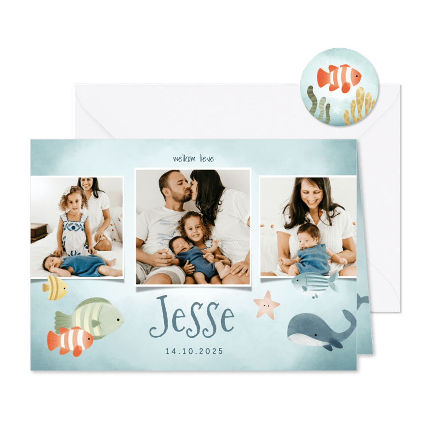 Geboortekaartje fotocollage jongetje met vissen en walvis - Kaartimpressie