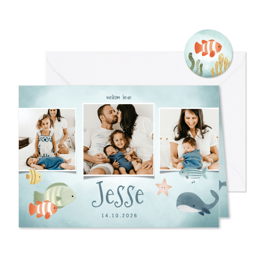 Geboortekaartje fotocollage jongetje met vissen en walvis - Kaartimpressie