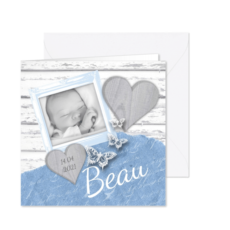 Geboortekaartje fotolijstje hartjes vlinders lichtblauw - Kaartimpressie