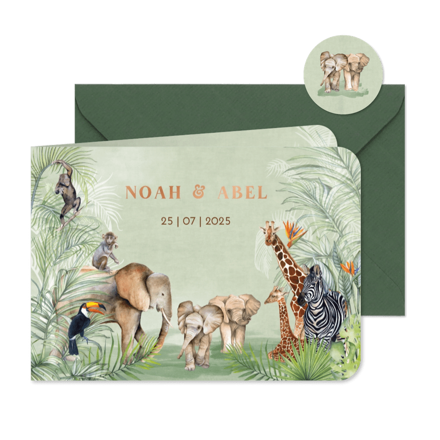 Geboortekaartje geboorte tweeling jungle  - Kaartimpressie