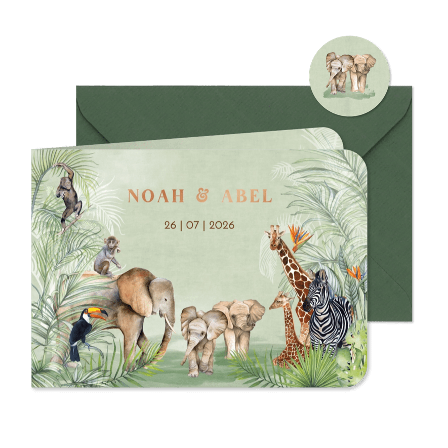 Geboortekaartje geboorte tweeling jungle  - Kaartimpressie