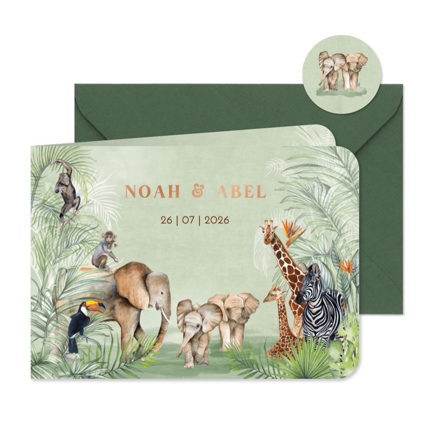 Geboortekaartje geboorte tweeling jungle  - Kaartimpressie