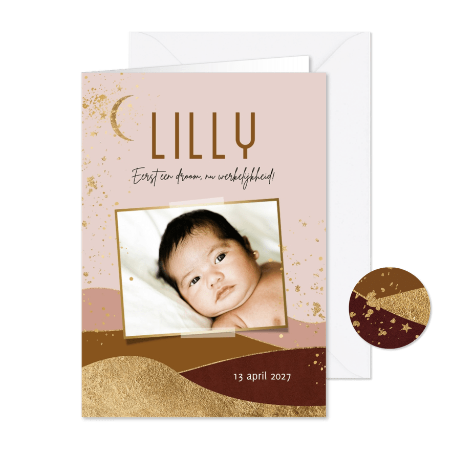 Geboortekaartje gekleurd landschap goudfolie sterren maan - Kaartimpressie