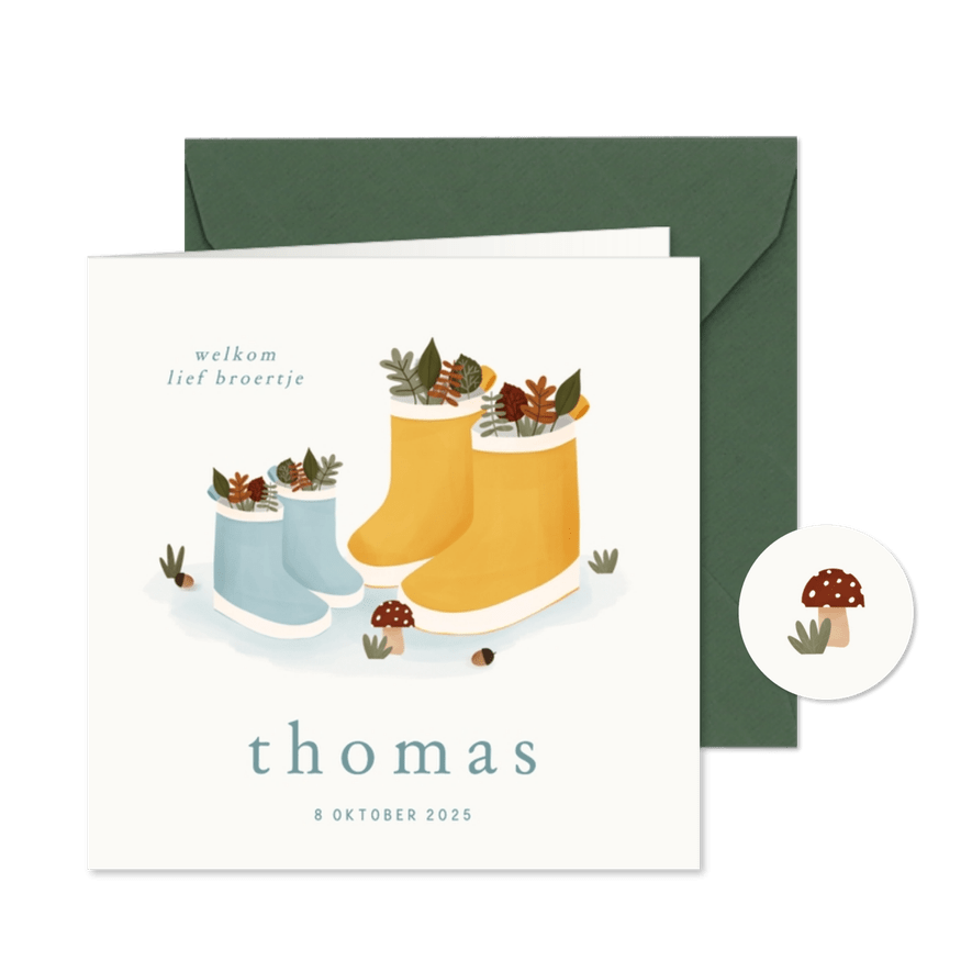 Geboortekaartje gele en blauwe regenlaarsjes broertje - Kaartimpressie