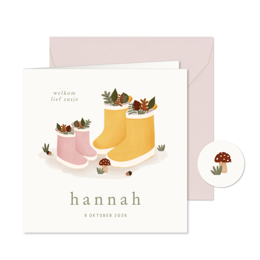Geboortekaartje gele en roze regenlaarsjes zusje gekregen - Kaartimpressie