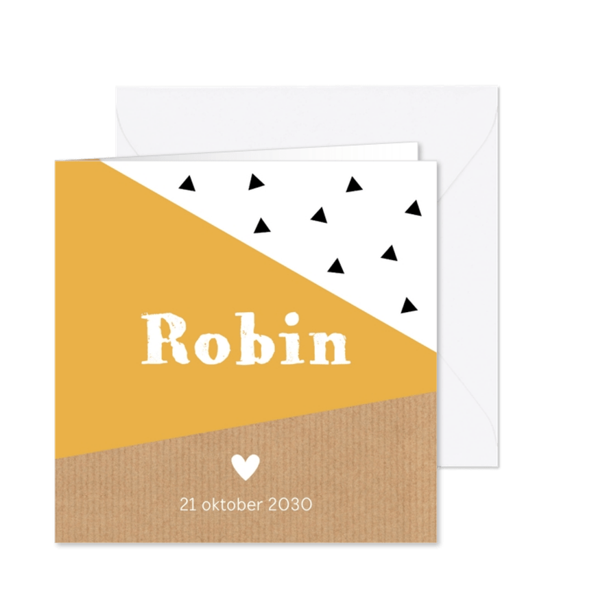 Geboortekaartje geometrisch okergeel driehoekjes - Kaartimpressie
