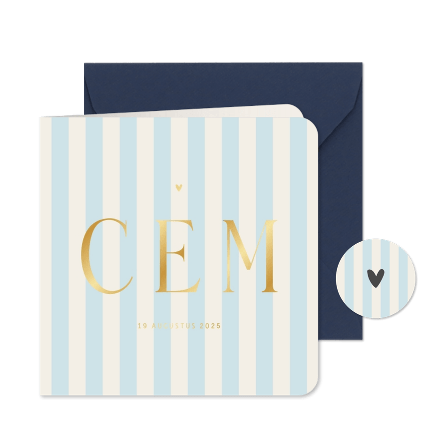 Geboortekaartje gestreept blauw beige goudfolie vierkant - Kaartimpressie
