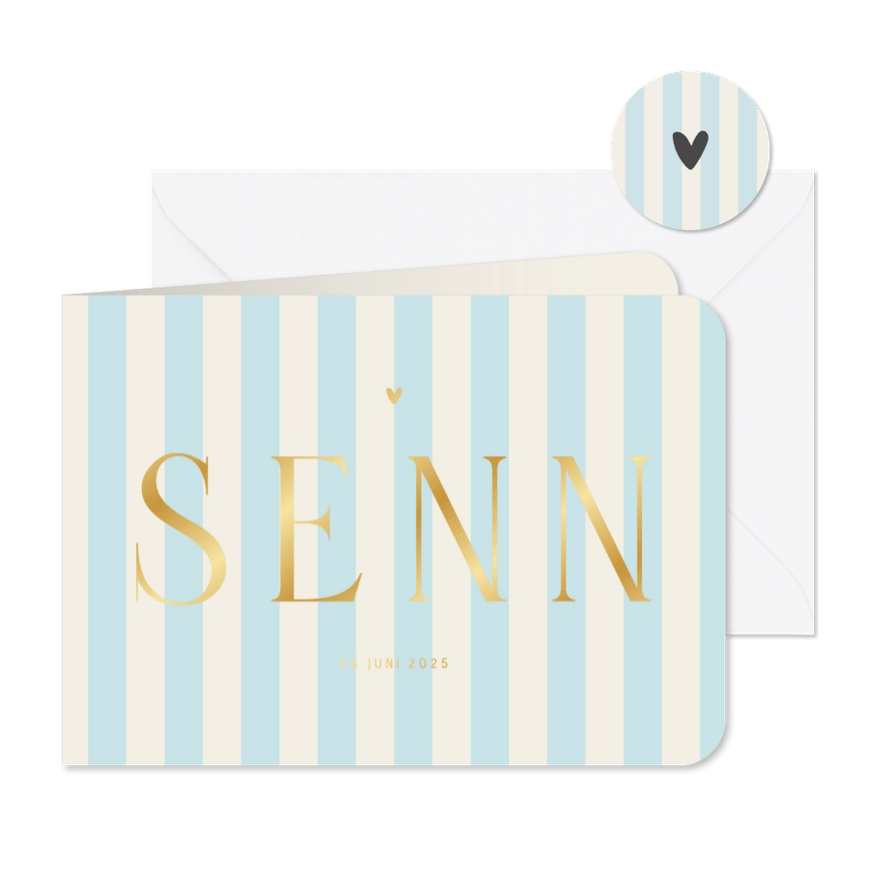 Geboortekaartje gestreept blauw beige goudfolie - Kaartimpressie