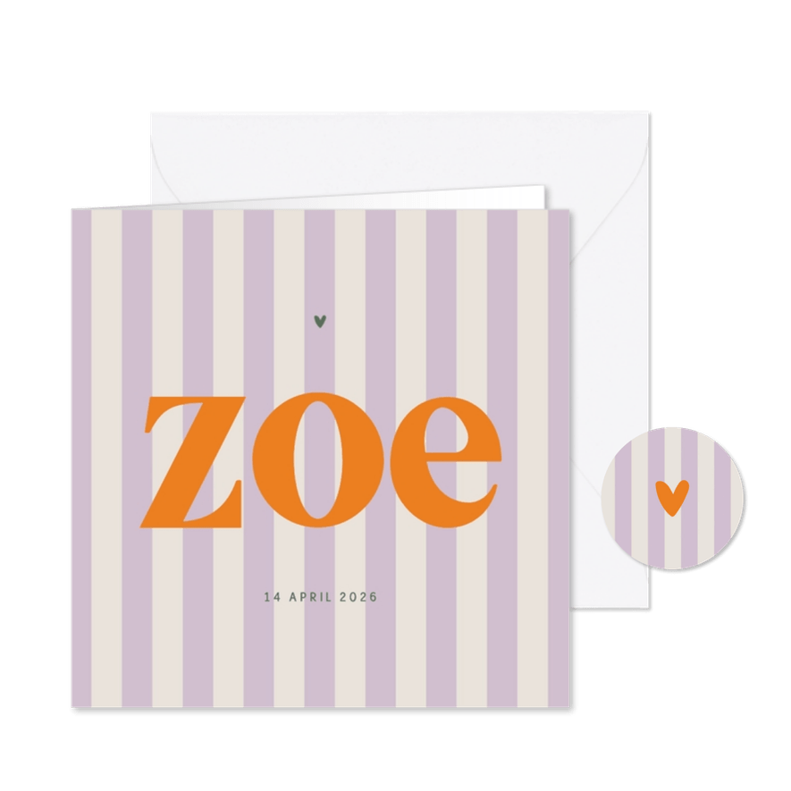Geboortekaartje gestreept lichtpaars beige minimalistisch - Kaartimpressie