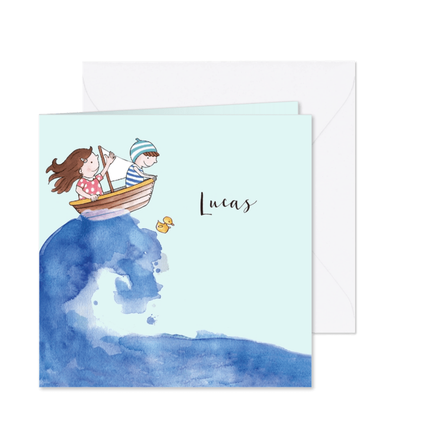 Geboortekaartje getekend bootje op zee broertje - Kaartimpressie