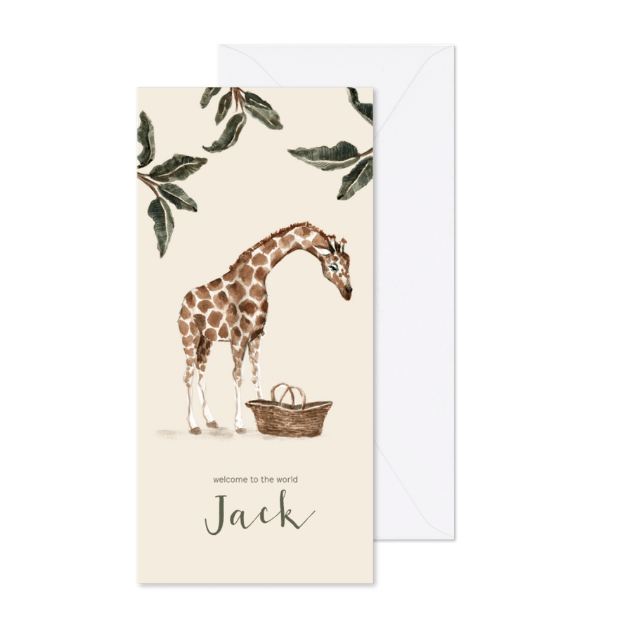 Geboortekaartje giraf bij een babymandje en groene bladeren - Kaartimpressie