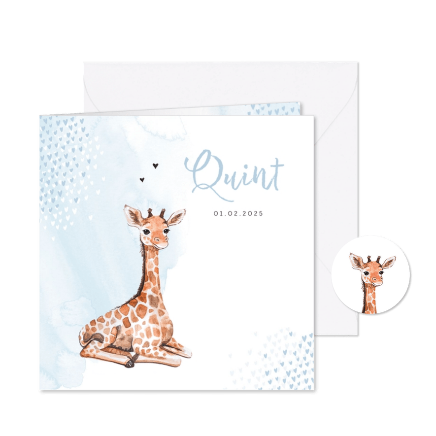 Geboortekaartje giraf hartjes blauw waterverf - Kaartimpressie