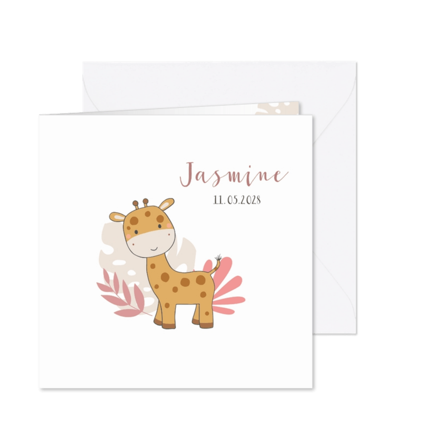 Geboortekaartje - Giraf met jungle bladeren meisje - Kaartimpressie