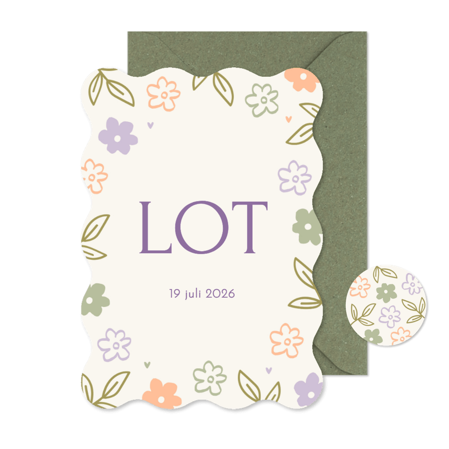 Geboortekaartje golf met gekleurde bloemetjeskader - Kaartimpressie