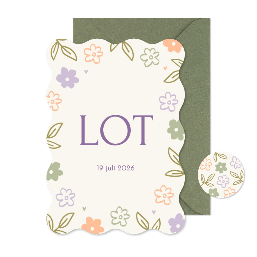 Geboortekaartje golf met gekleurde bloemetjeskader - Kaartimpressie