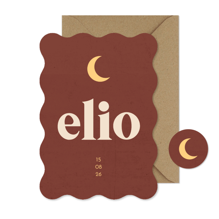 Geboortekaartje golvend roestbruin met maan - Kaartimpressie