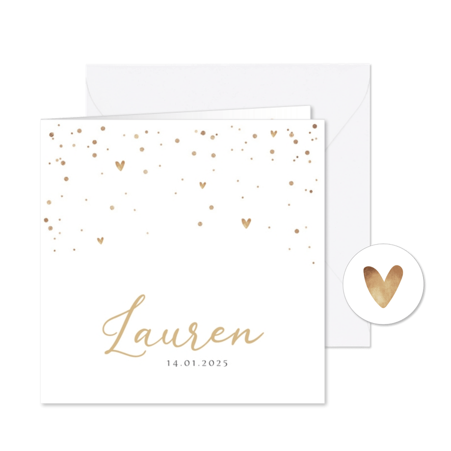 Geboortekaartje goud sterren confetti stijlvol hartjes - Kaartimpressie
