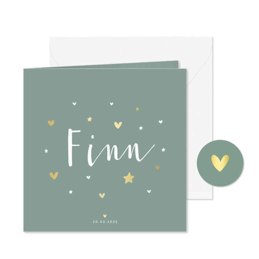 Geboortekaartje gouden hartjes en sterren aanpasbaar - Kaartimpressie