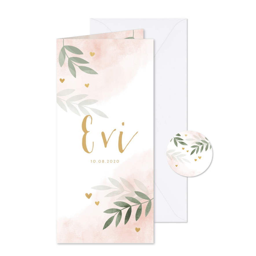 Geboortekaartje gouden hartjes roze waterverf takjes - Kaartimpressie